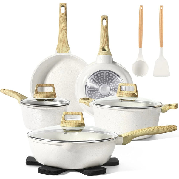 Pots and Pans Set Non Stick - 14 Pcs White Granite Kitchen Cookware Sets Nonstick Induction Cookware Cooking Pan Set with